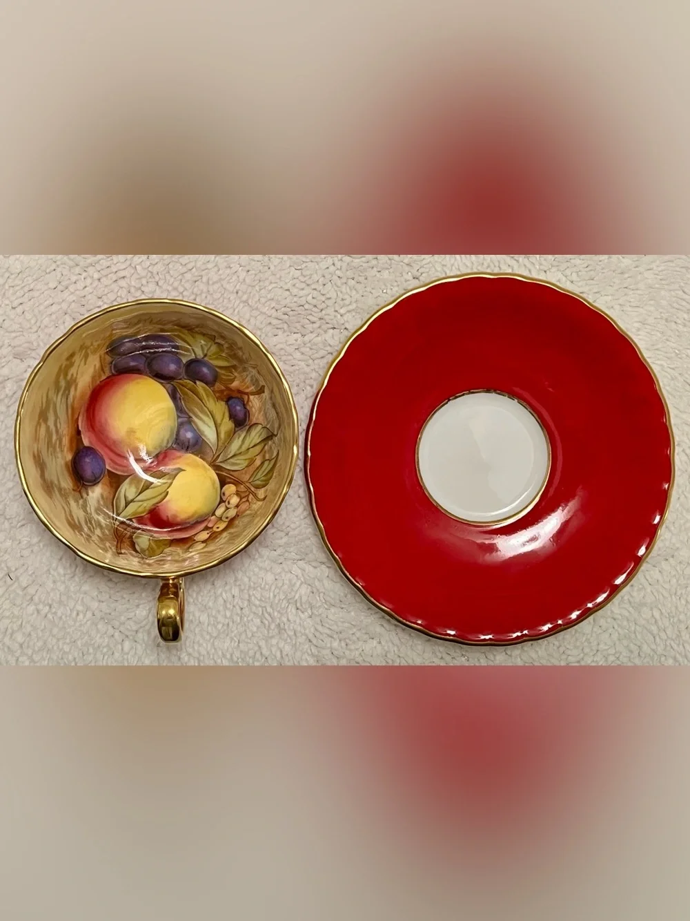 🍑Aynsley Orchard Fruit 1034 Vintage UK Fine Bone China 24K Gold Tea Cup & Saucer
